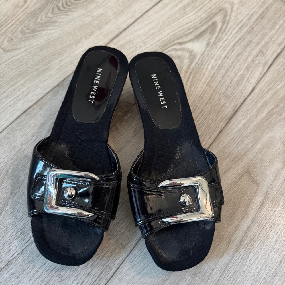 Nine West Black Patent Mules with Silver Buckle